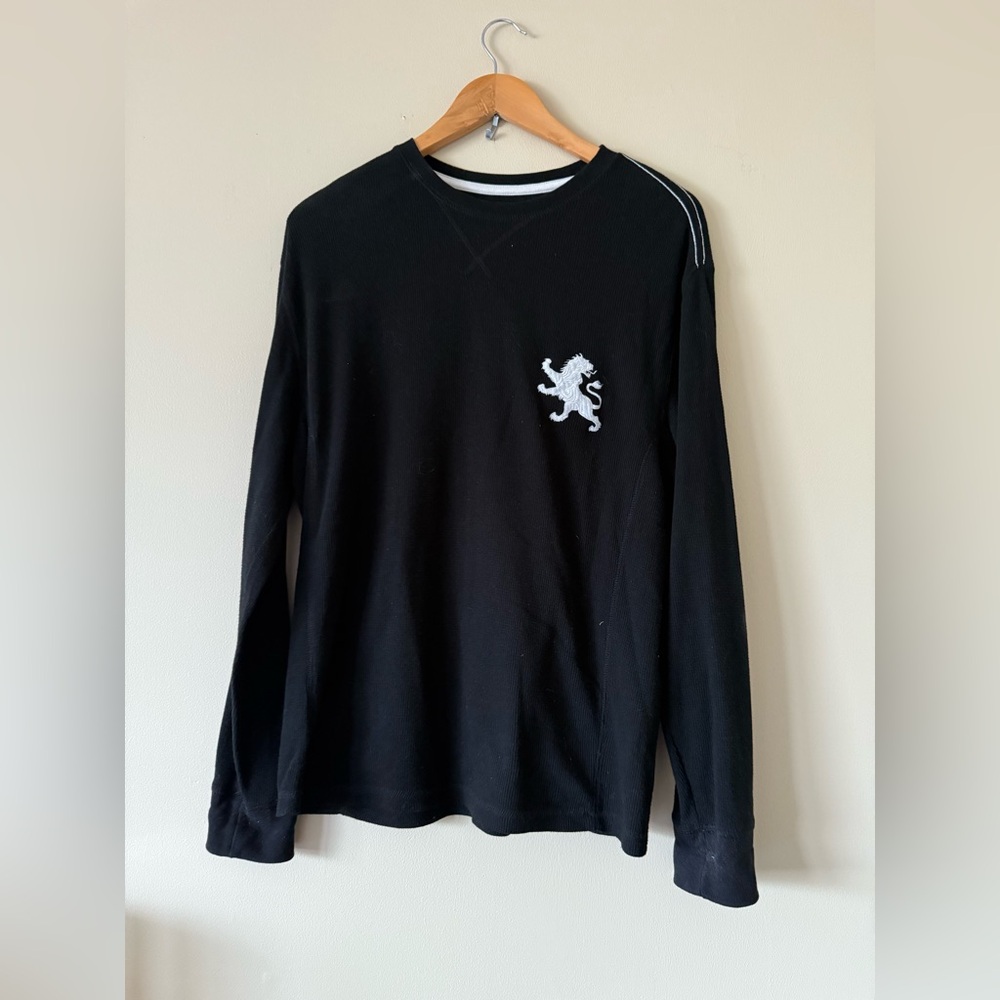 Express Black Long Sleeve Waffle Shirt with Embroidered Lion size Small